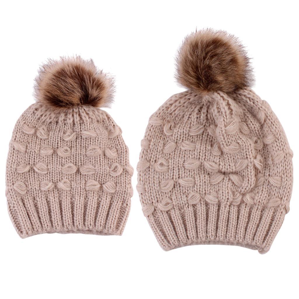 2PCS Parent-Child Hat Warmer Winter Knit Hat Beanie Ski Cap Khaki