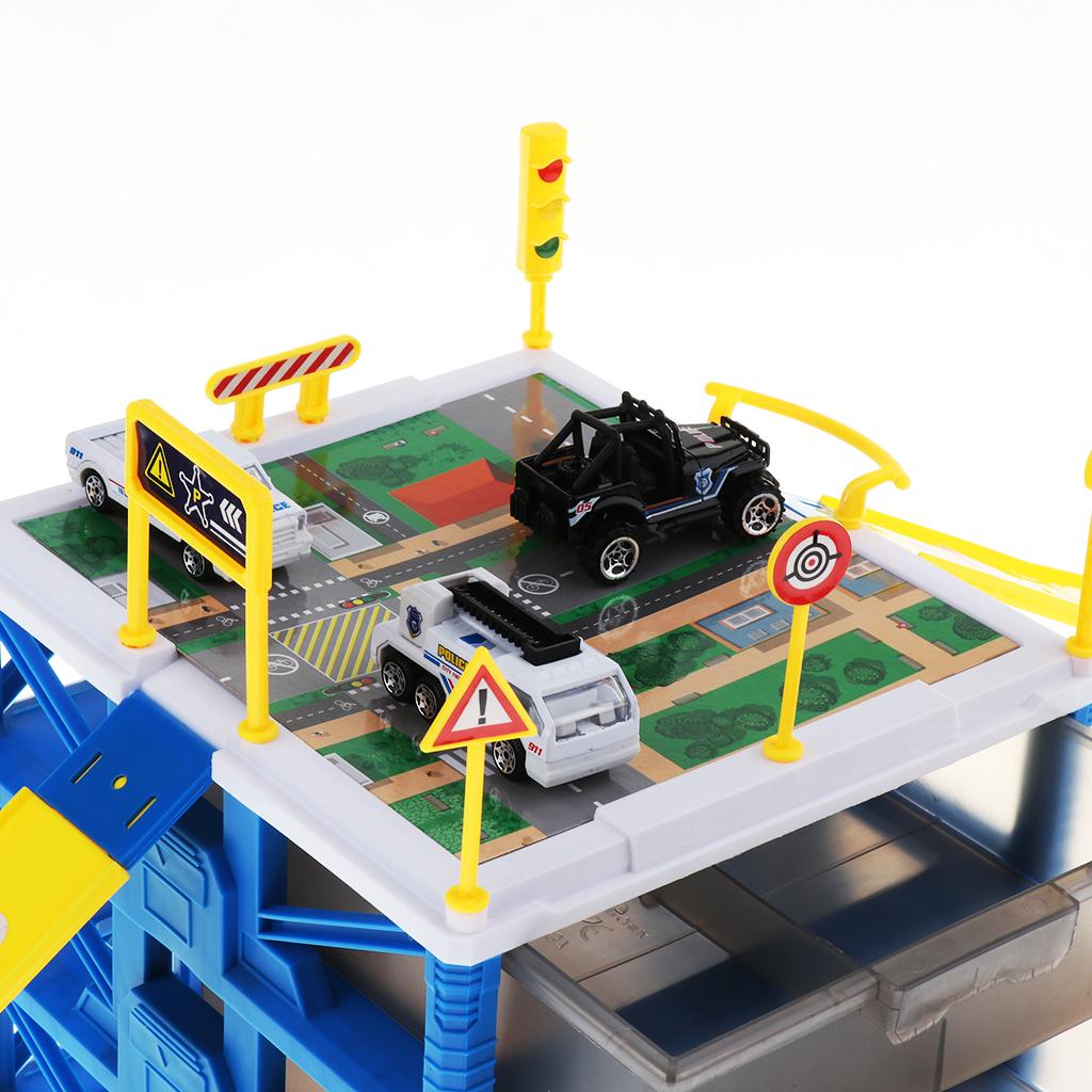 Mini Parking Lot Building Play Set Toy Garage Car Storage Box with City Traffic Map Assembling Children Educational Toy Birthday Gift –Police