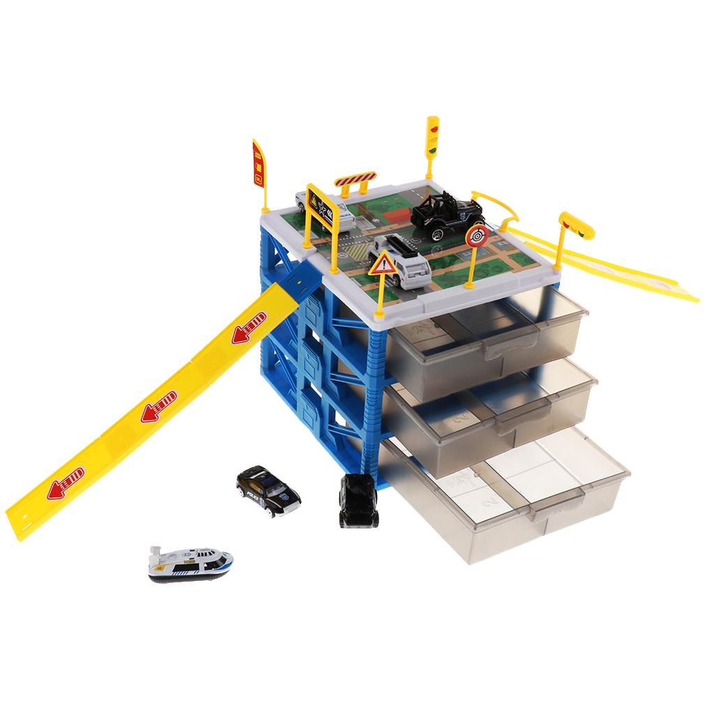 Mini Parking Lot Building Play Set Toy Garage Car Storage Box with City Traffic Map Assembling Children Educational Toy Birthday Gift –Police