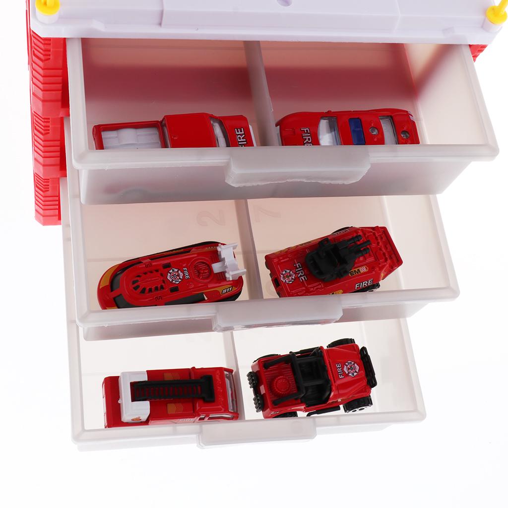 Mini Parking Lot Building Play Set Toy Garage Car Storage Box with City Traffic Map Assembling Children Educational Toy Birthday Gift –Fire Engine