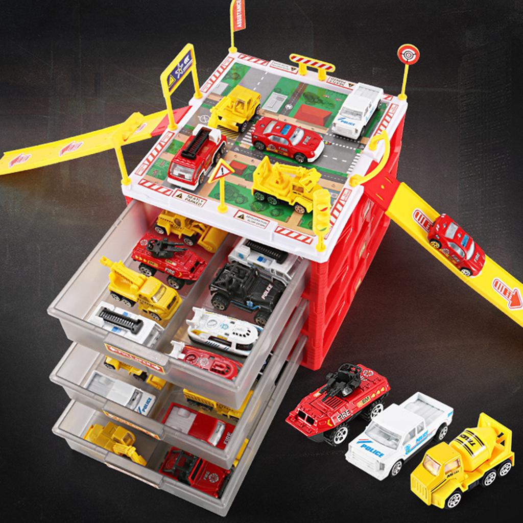 Mini Parking Lot Building Play Set Toy Garage Car Storage Box with City Traffic Map Assembling Children Educational Toy Birthday Gift –Fire Engine