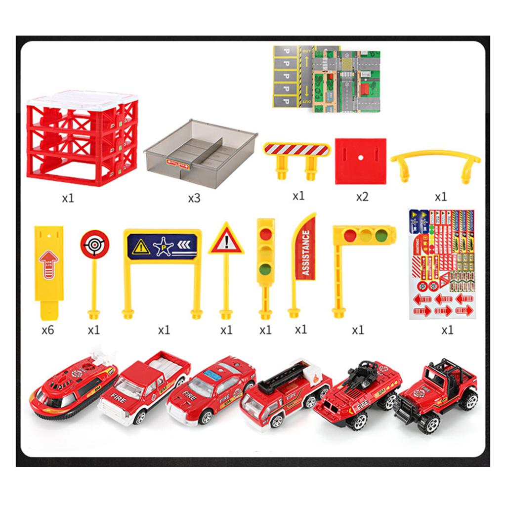 Mini Parking Lot Building Play Set Toy Garage Car Storage Box with City Traffic Map Assembling Children Educational Toy Birthday Gift –Fire Engine