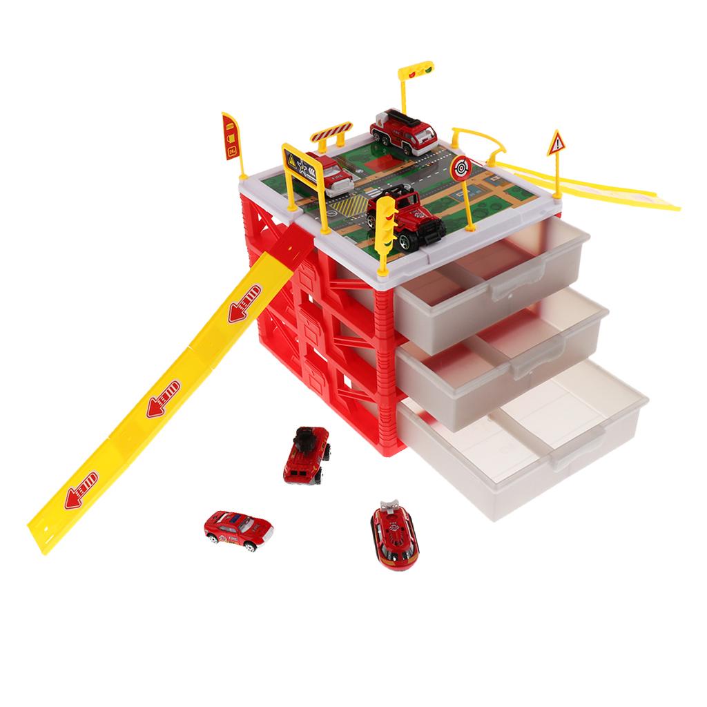 Mini Parking Lot Building Play Set Toy Garage Car Storage Box with City Traffic Map Assembling Children Educational Toy Birthday Gift –Fire Engine