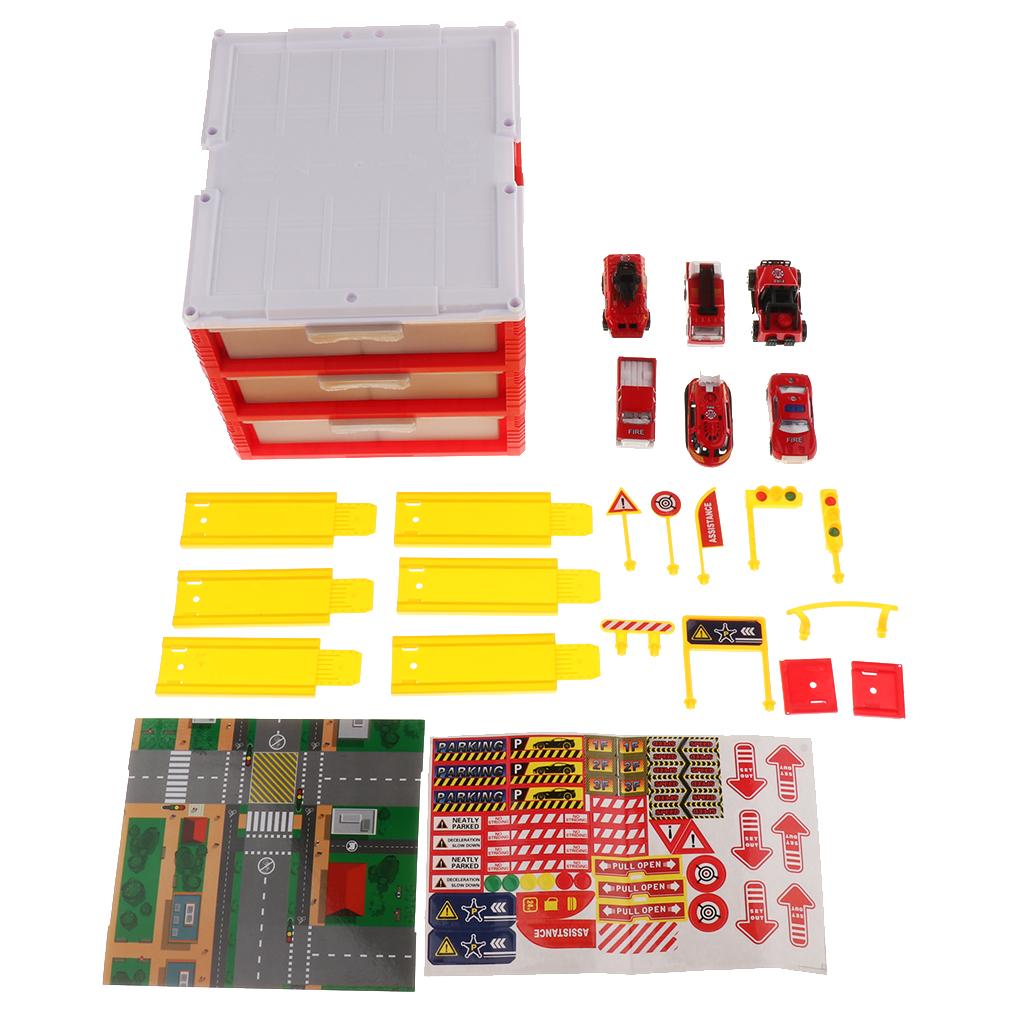 Mini Parking Lot Building Play Set Toy Garage Car Storage Box with City Traffic Map Assembling Children Educational Toy Birthday Gift –Fire Engine