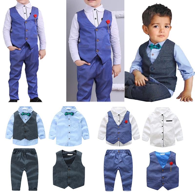 Baby Boy's Cotton Long-Sleeved Gentleman Suit 3 Pieces Gray blue - 100cm(3T)