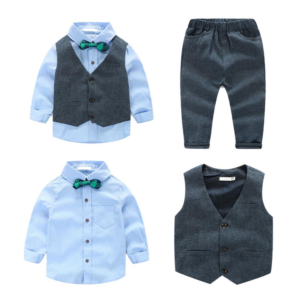 Baby Boy's Cotton Long-Sleeved Gentleman Suit 3 Pieces Gray blue - 130cm(6T)