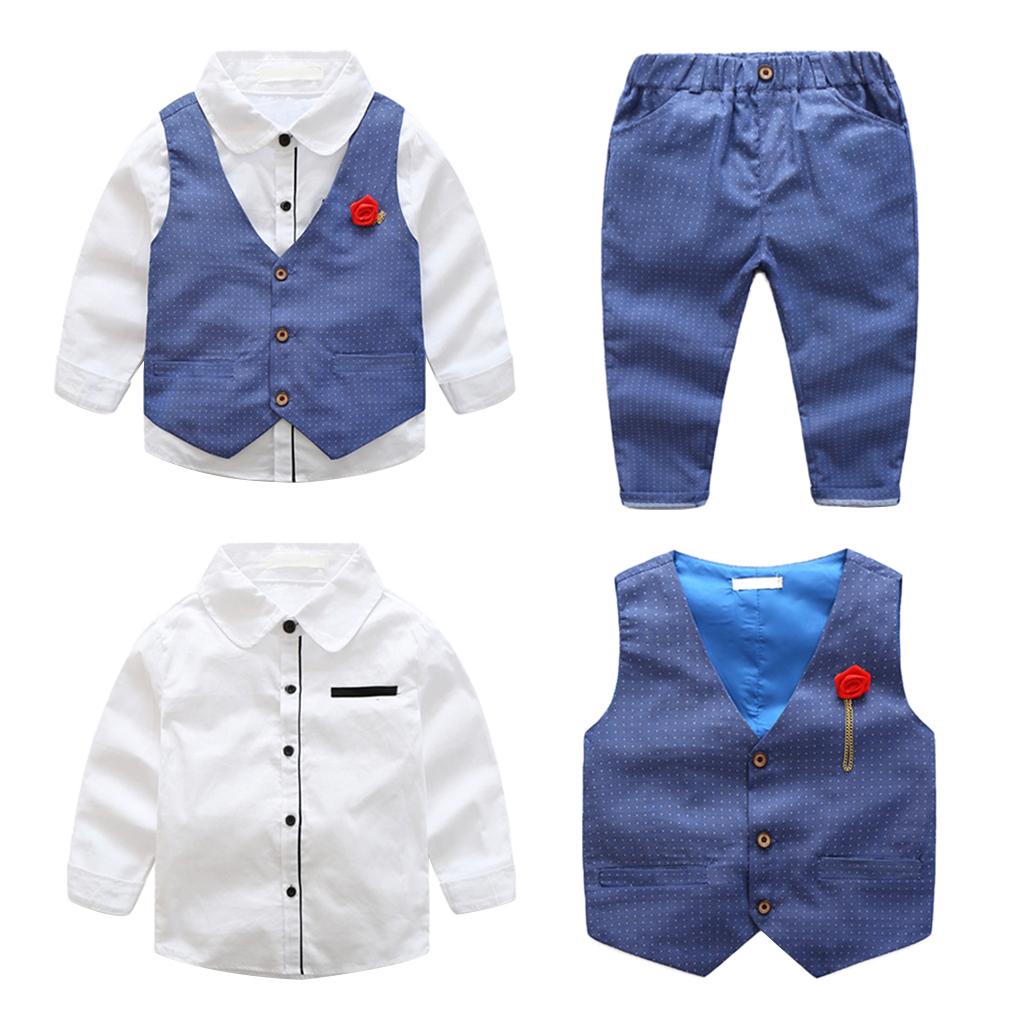Baby Boy's Cotton Long-Sleeved Gentleman Suit 3 Pieces Blue white - 100cm(3T)