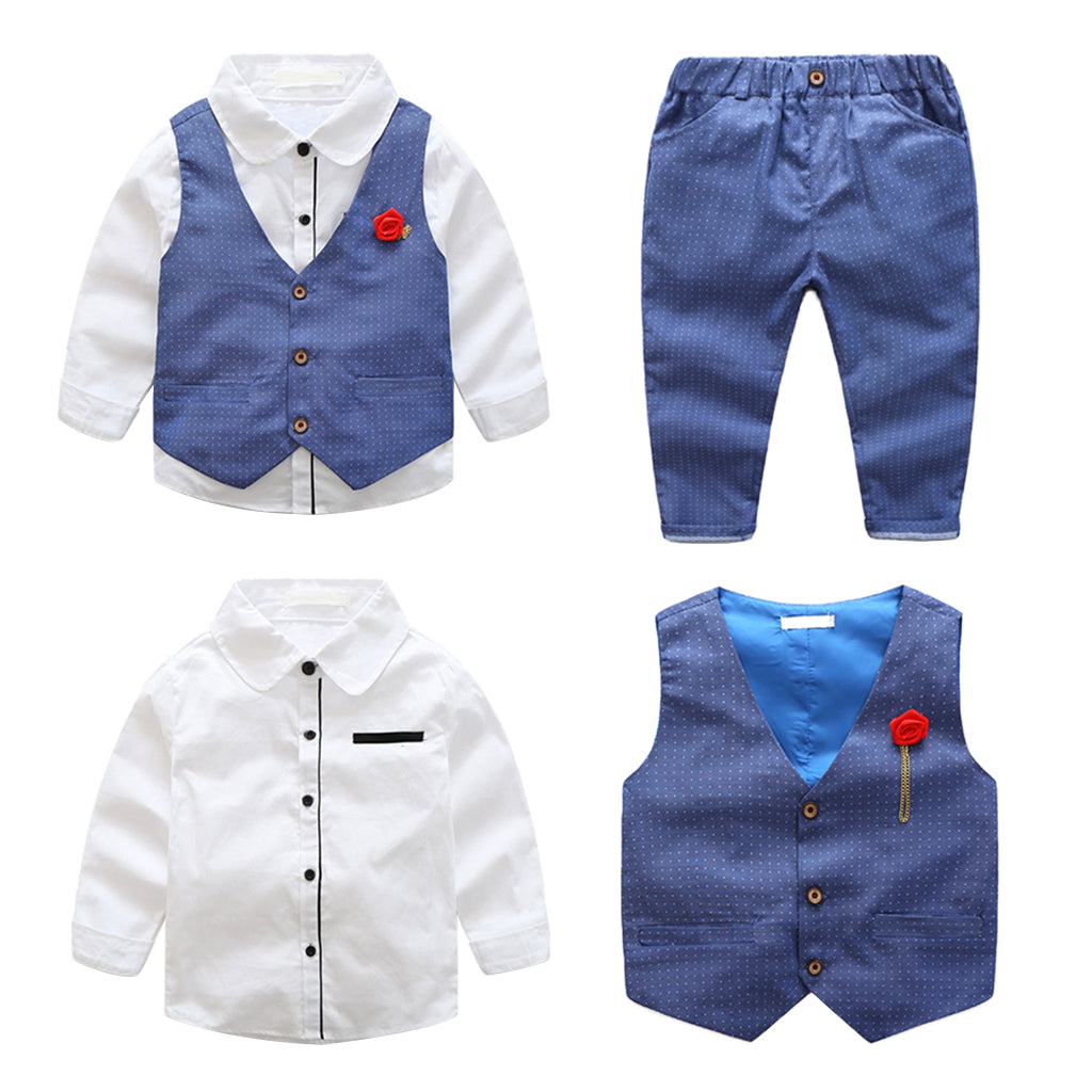 Baby Boy's Cotton Long-Sleeved Gentleman Suit 3 Pieces Blue white - 130cm(6T)
