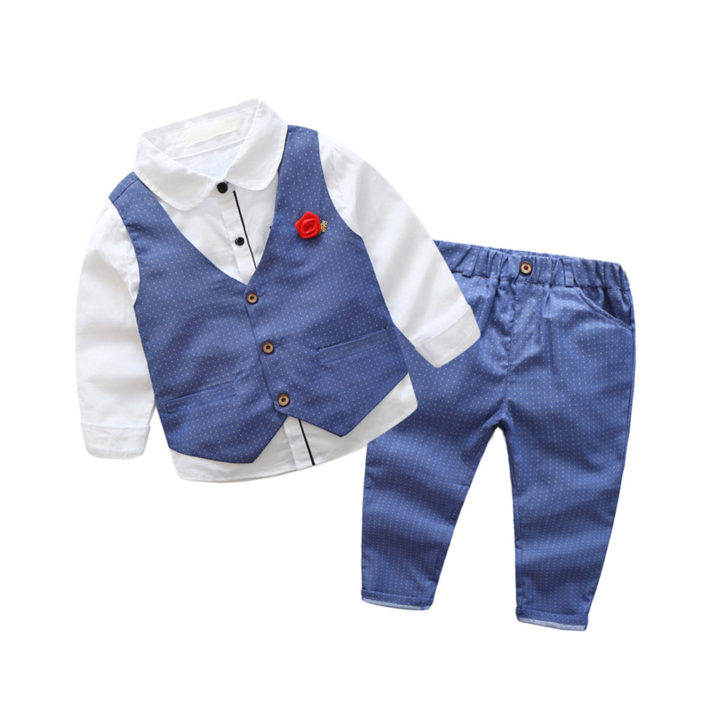 Baby Boy's Cotton Long-Sleeved Gentleman Suit 3 Pieces Blue white - 140cm(7-8T)