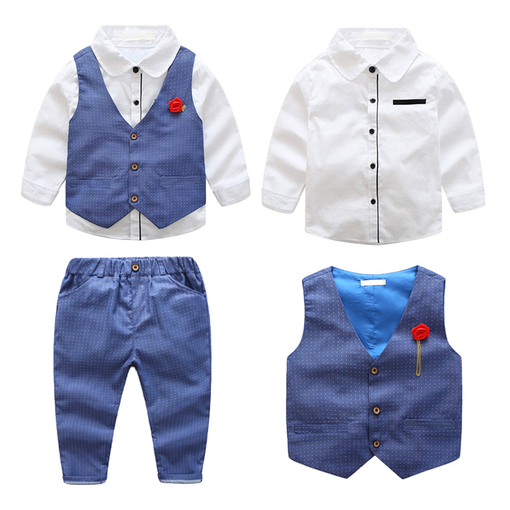 Baby Boy's Cotton Long-Sleeved Gentleman Suit 3 Pieces Blue white - 140cm(7-8T)