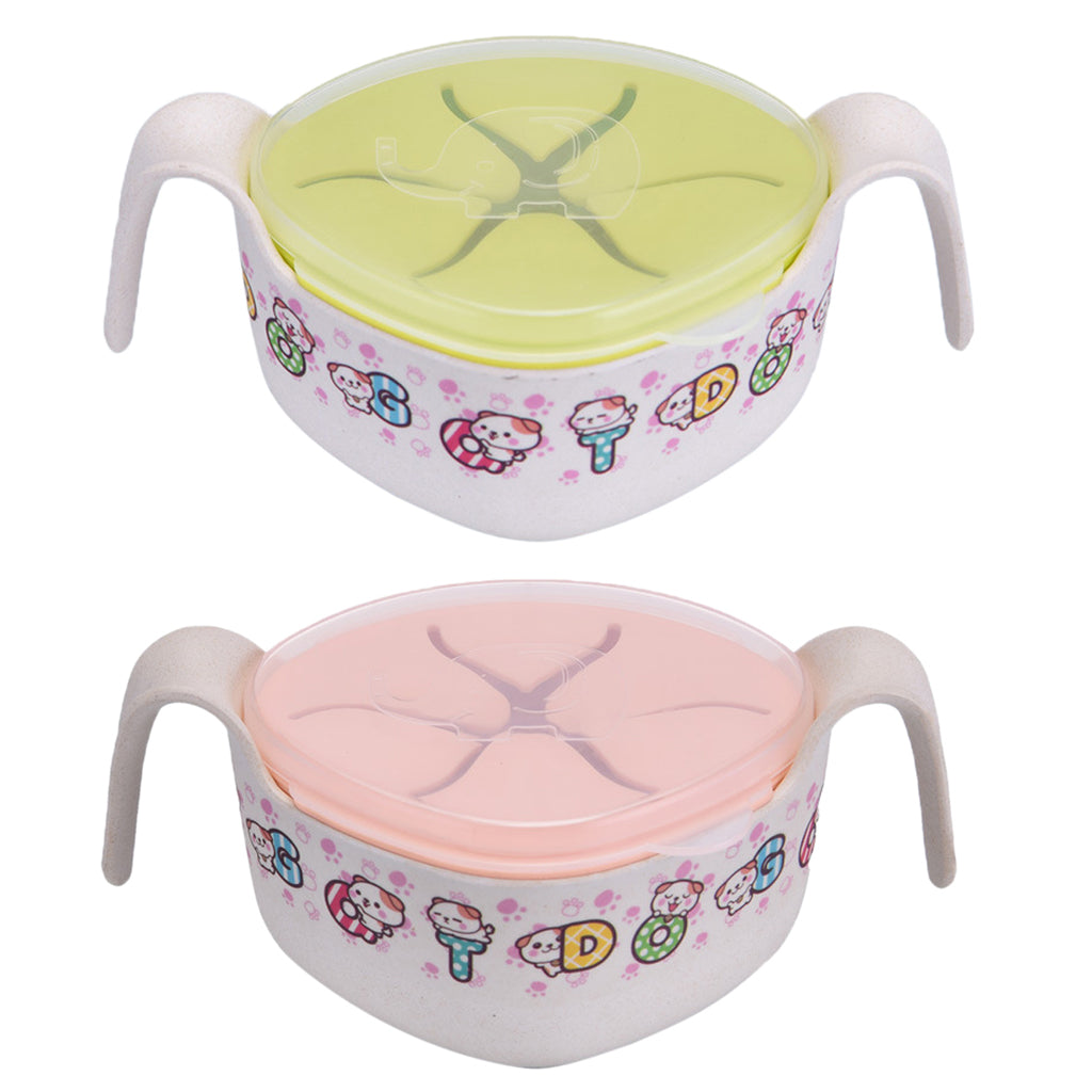 Baby Bamboo Fiber Feeding Bowl w/ Lid and straws Dinnerware Bowl Green