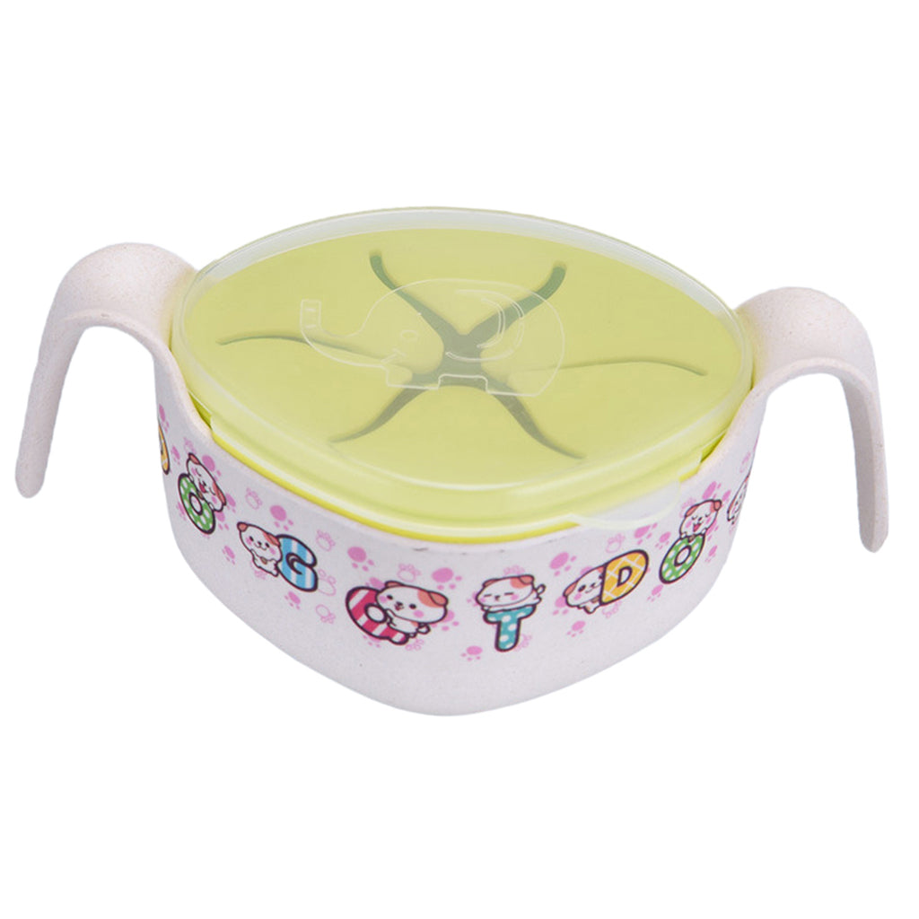 Baby Bamboo Fiber Feeding Bowl w/ Lid and straws Dinnerware Bowl Green