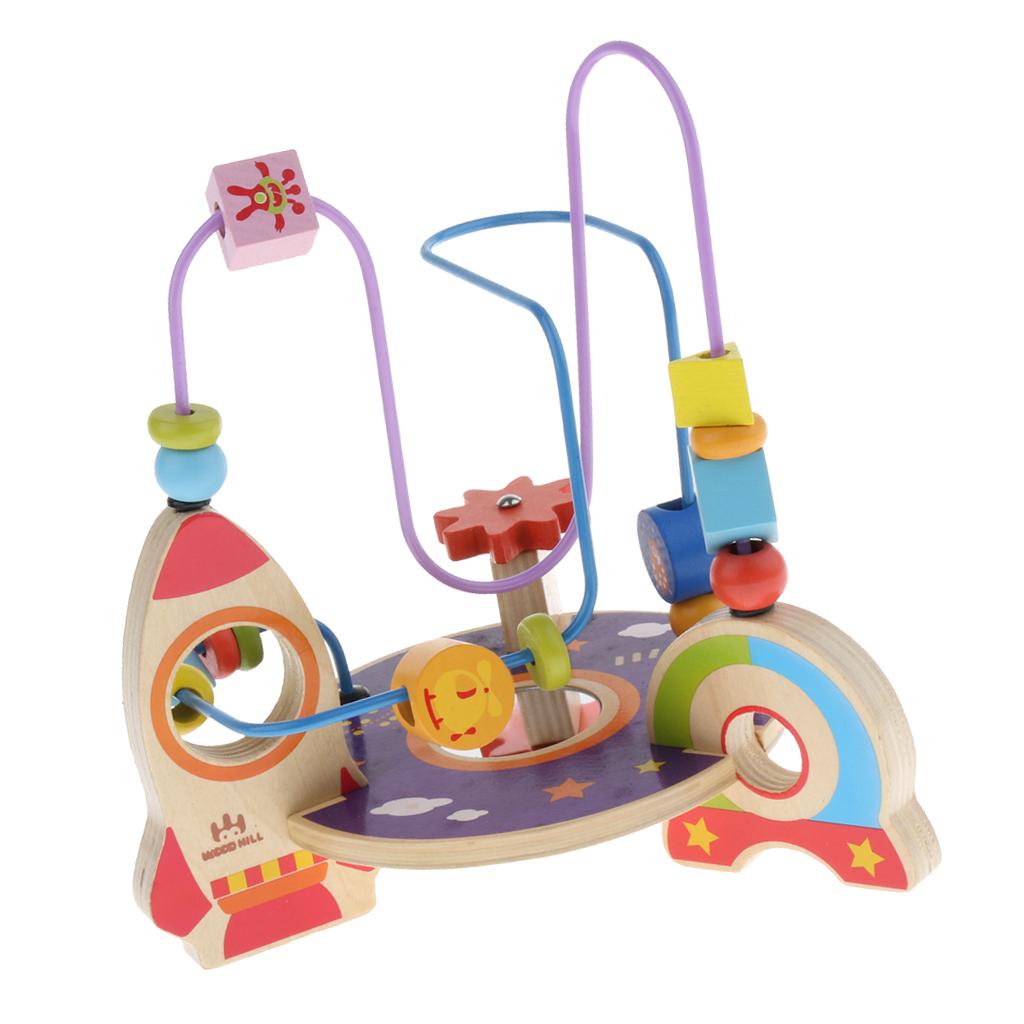 Space Ship Bead Maze Roller Coaster Wooden Educational Circle Toy Education