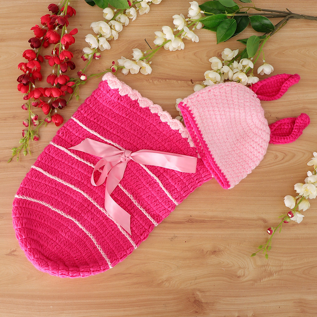 Crochet Costume Knitted Hats Outfits Newborn Photography Props Pink Rabbit