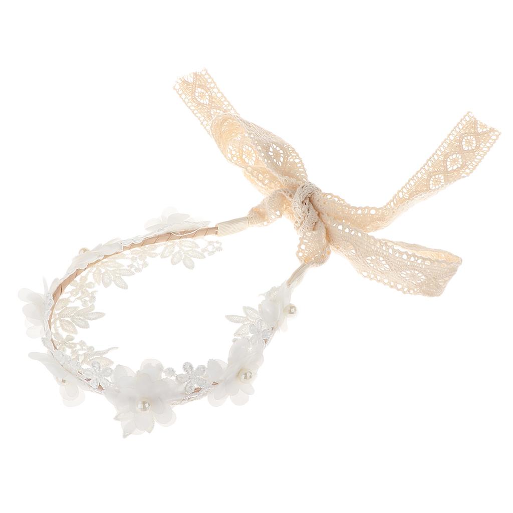 Korean Princess Headband Lace Ribbon Flower Hair Wreath Kids Headwear White