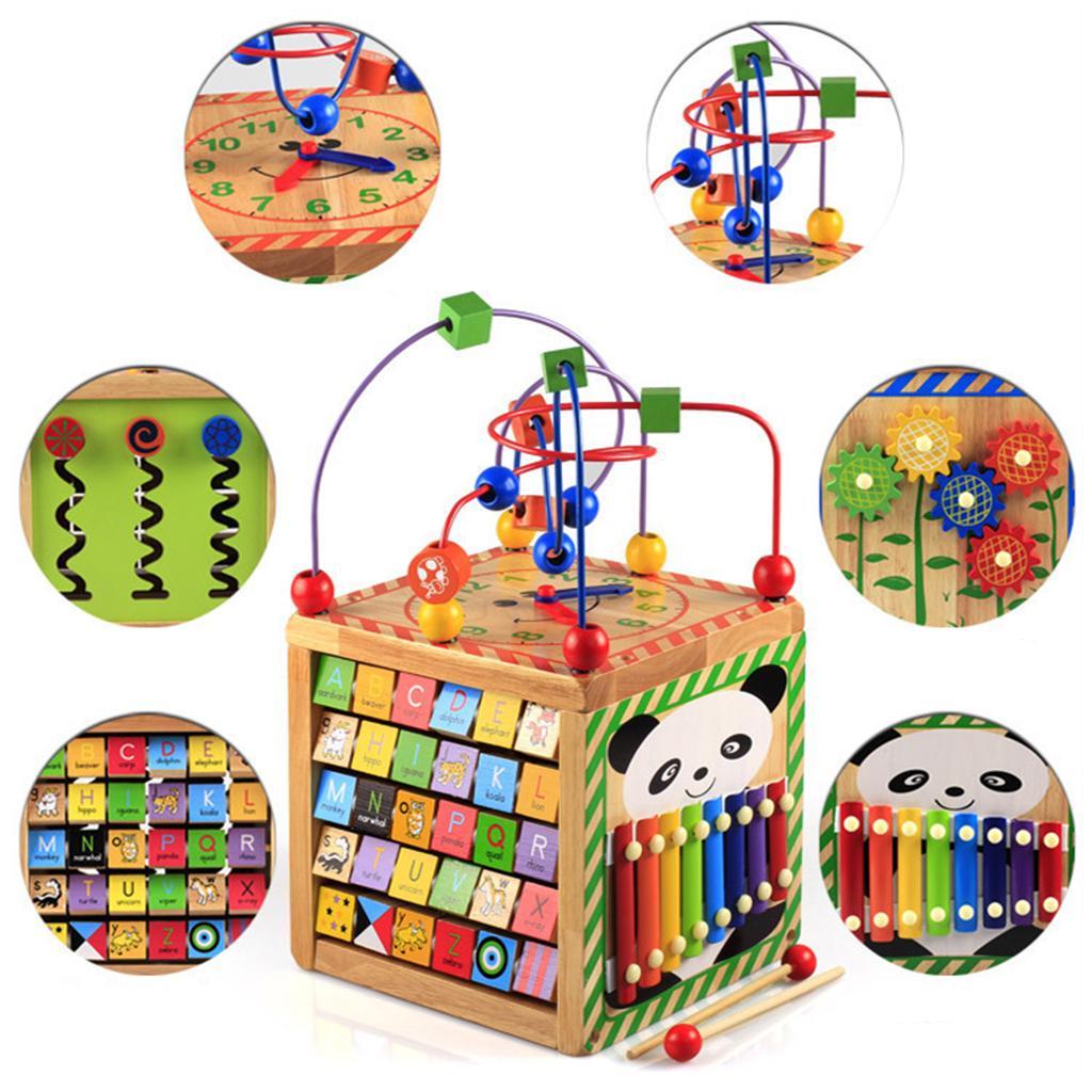 Baby Wooden Activity Cube Play Maze Educational Bead Center Toy 5 Sides Fun