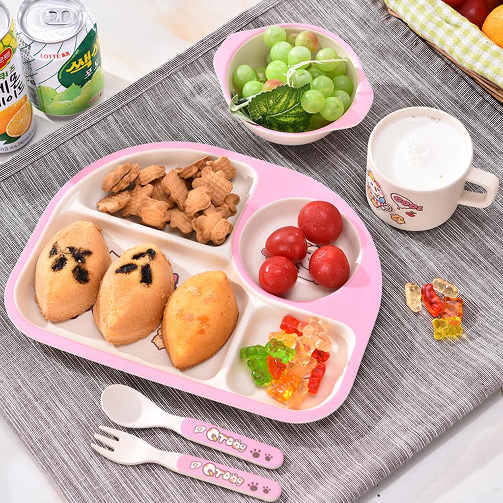 Bamboo 5-piece Dinnerware Set Baby Divided Plate, Bowl and Flatware Pink A