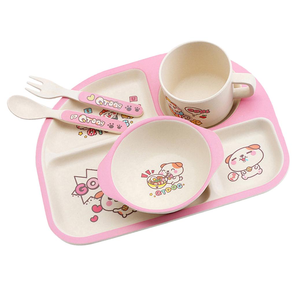Bamboo 5-piece Dinnerware Set Baby Divided Plate, Bowl and Flatware Pink A
