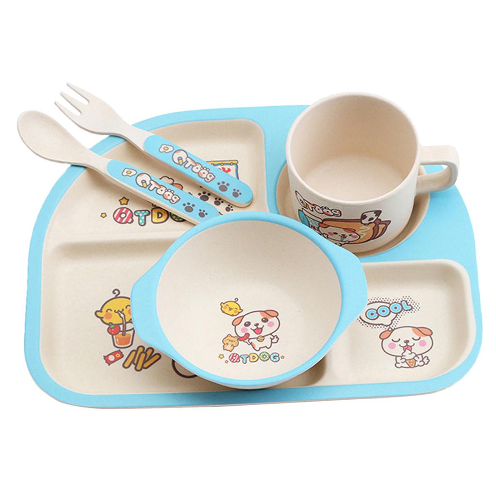 Bamboo 5-piece Dinnerware Set Baby Divided Plate, Bowl and Flatware Blue A