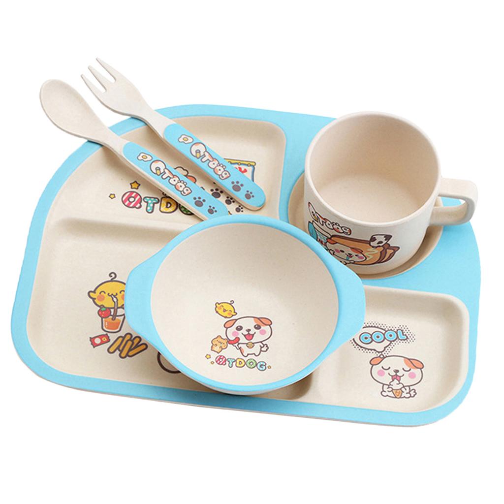Bamboo 5-piece Dinnerware Set Baby Divided Plate, Bowl and Flatware Blue A
