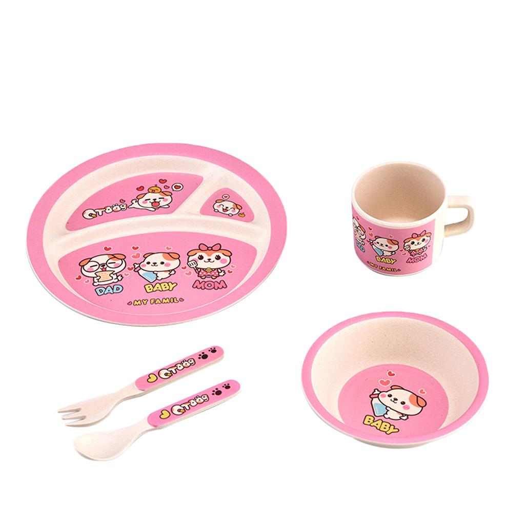 Bamboo 5-piece Dinnerware Set Baby Divided Plate, Bowl and Flatware Orange B
