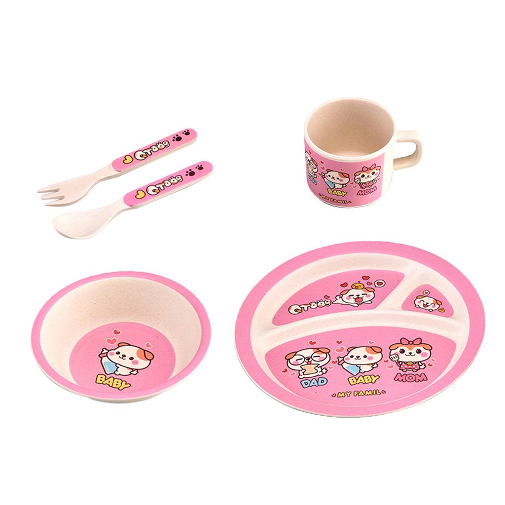 Bamboo 5-piece Dinnerware Set Baby Divided Plate, Bowl and Flatware Orange B
