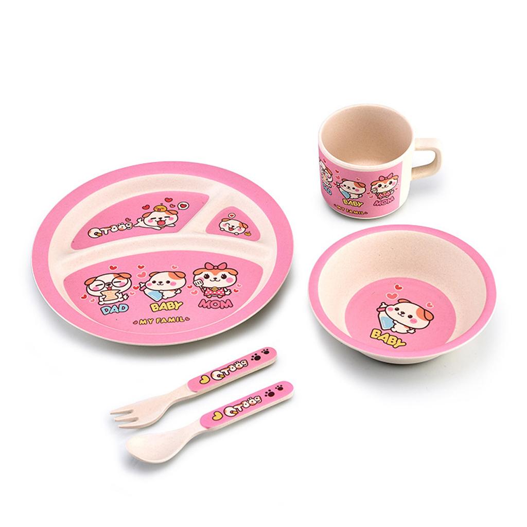 Bamboo 5-piece Dinnerware Set Baby Divided Plate, Bowl and Flatware Orange B