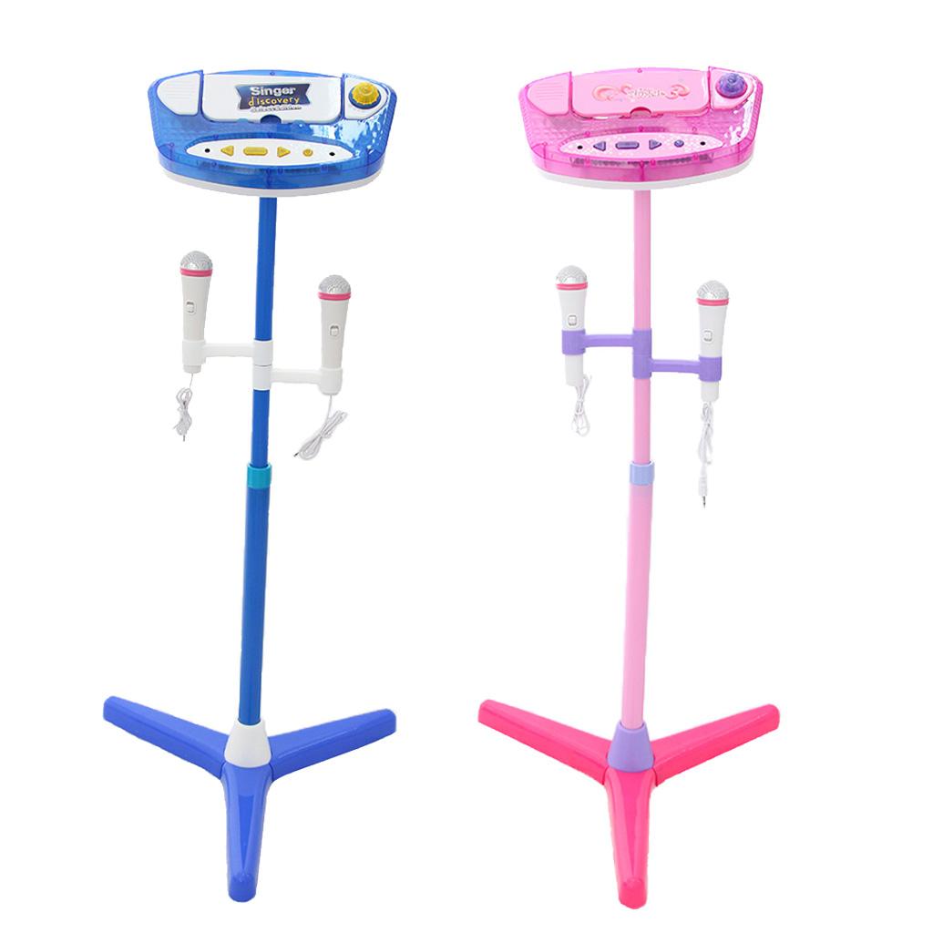 Music Play Toy Kids Karaoke Machine With 2 Microphones Adjustable Stand Blue
