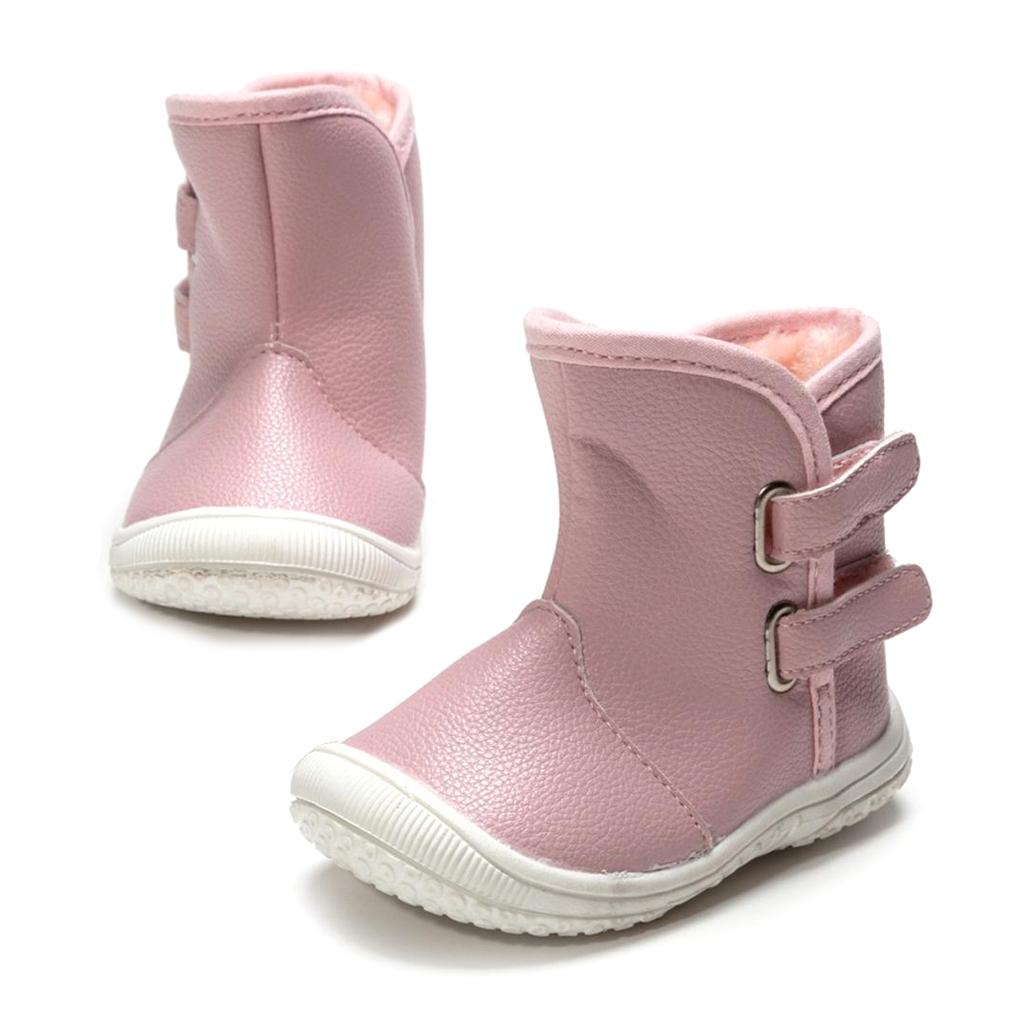 Baby PU Leather Rubber Soles Warm Snow Boots Pink (for 12-15Months)