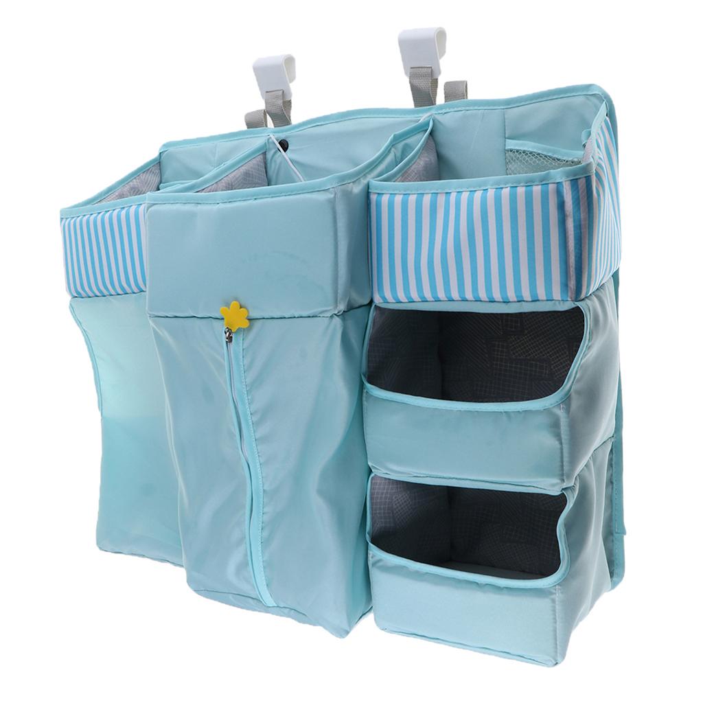 Multi-Functional Crib Hanging Storage Bag Bedside Organizer for Newborn Blue