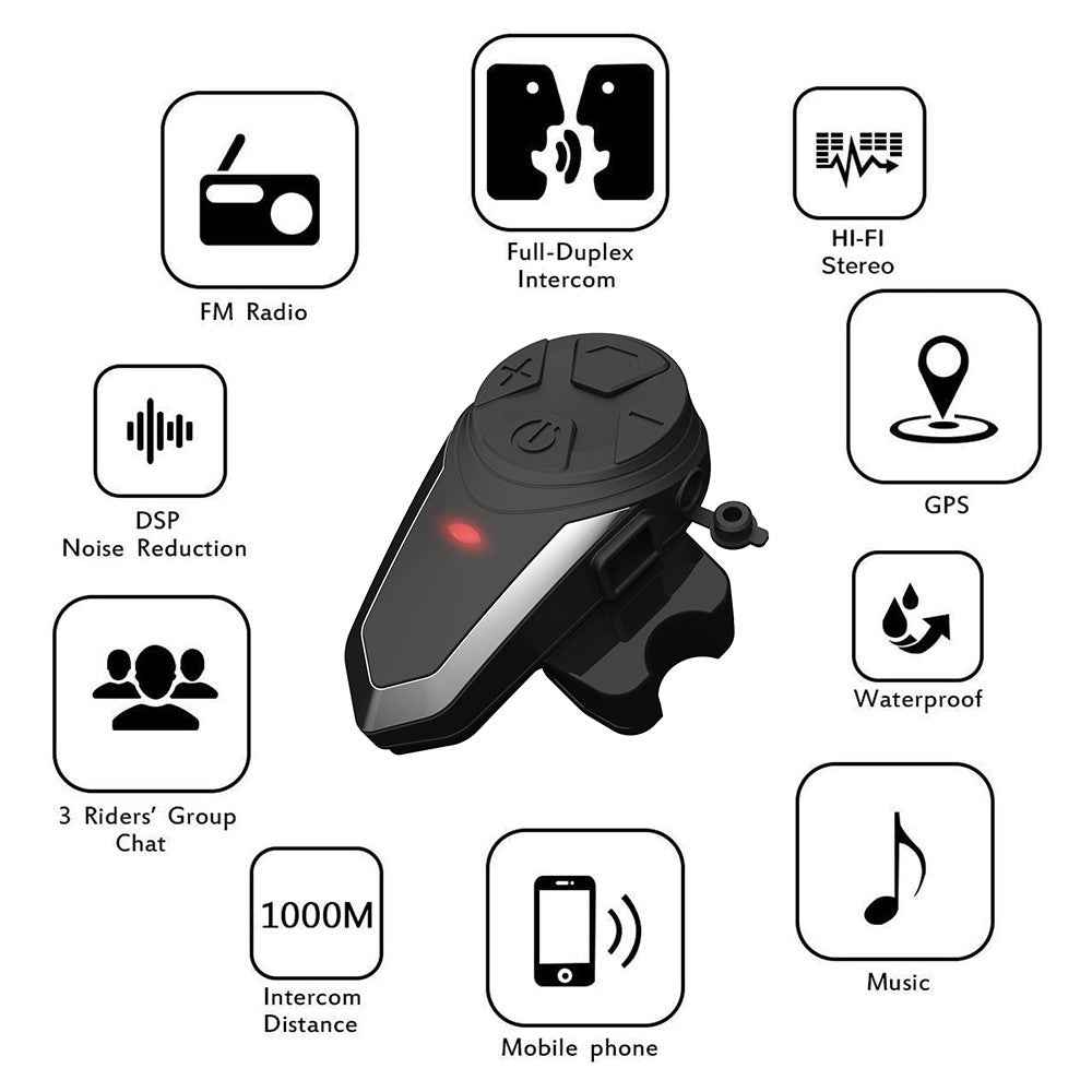 BT-S3 Waterproof IPX6 Motorcycle Helmet Bluetooth-compatible Headphone 1000m Interphone Hands-free Call Headset with FM Function