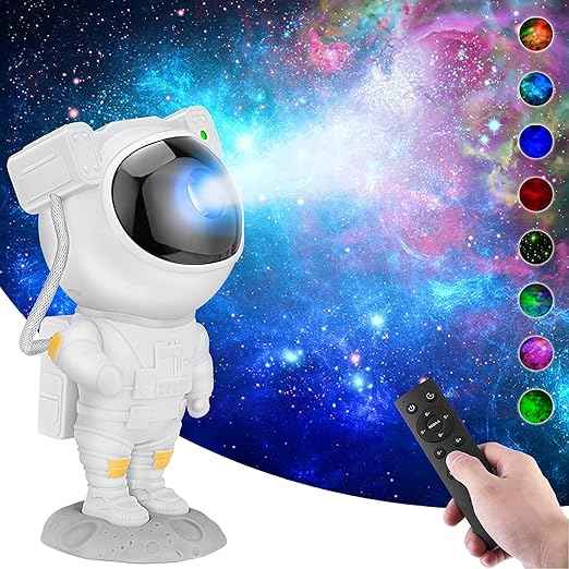 Astronaut Galaxy Projector Night Light with 360° rotating nebula, remote control, timer, and adjustable head—perfect for bedrooms, gaming rooms, and décor.