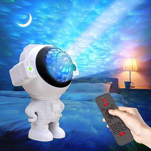 Astronaut Star Projector with dual 4W LEDs, 180° moon, star & cloud projection, Bluetooth, voice/music modes, remote control, USB powered.
