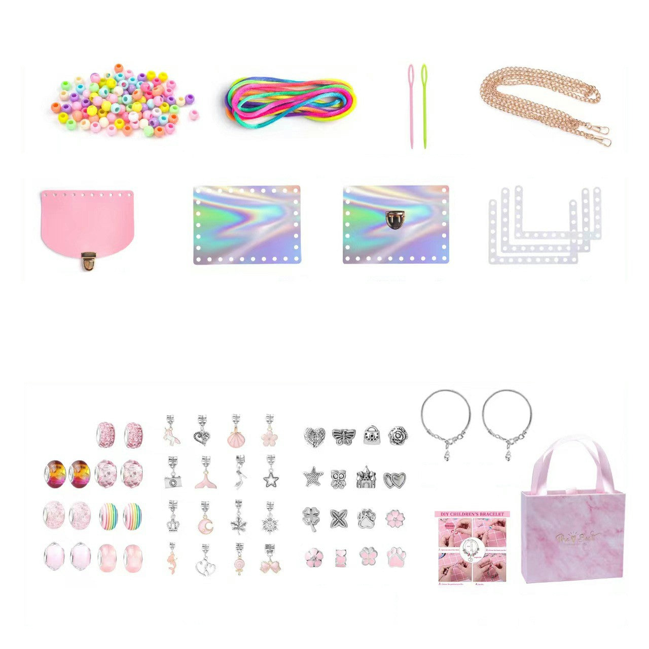 151Pcs Kids Bracelet Bag Making Kit Girls DIY Bracelet Pendants Beads Set with Gift Box - Pink