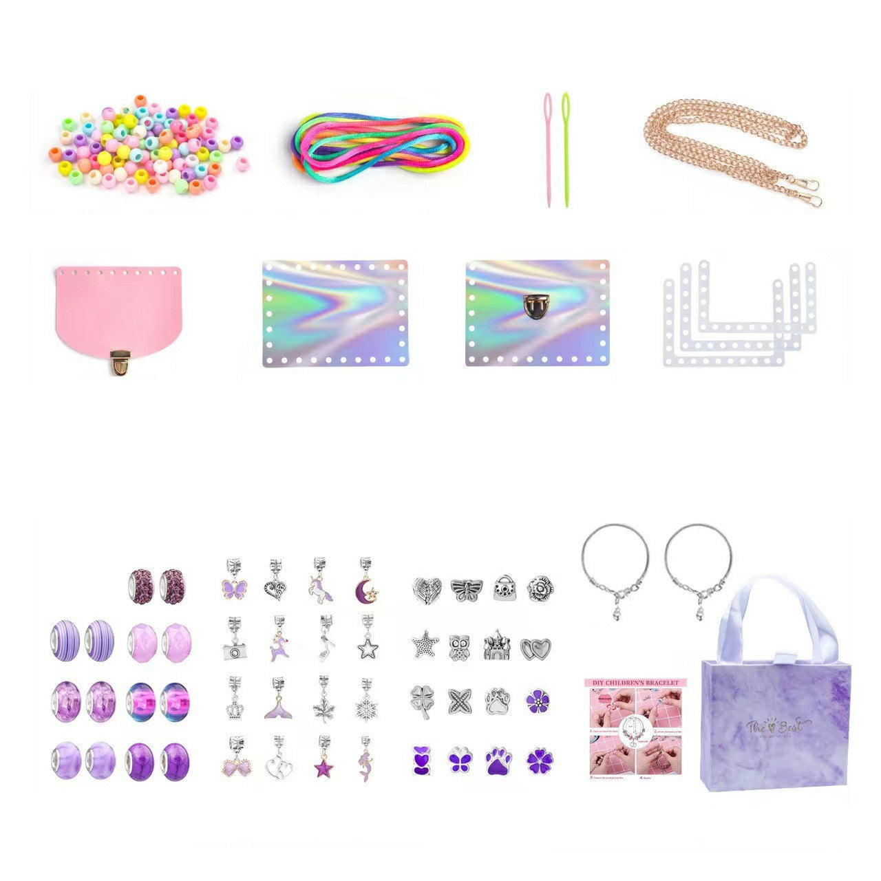 151Pcs Kids Bracelet Bag Making Kit Girls DIY Bracelet Pendants Beads Set with Gift Box - Purple