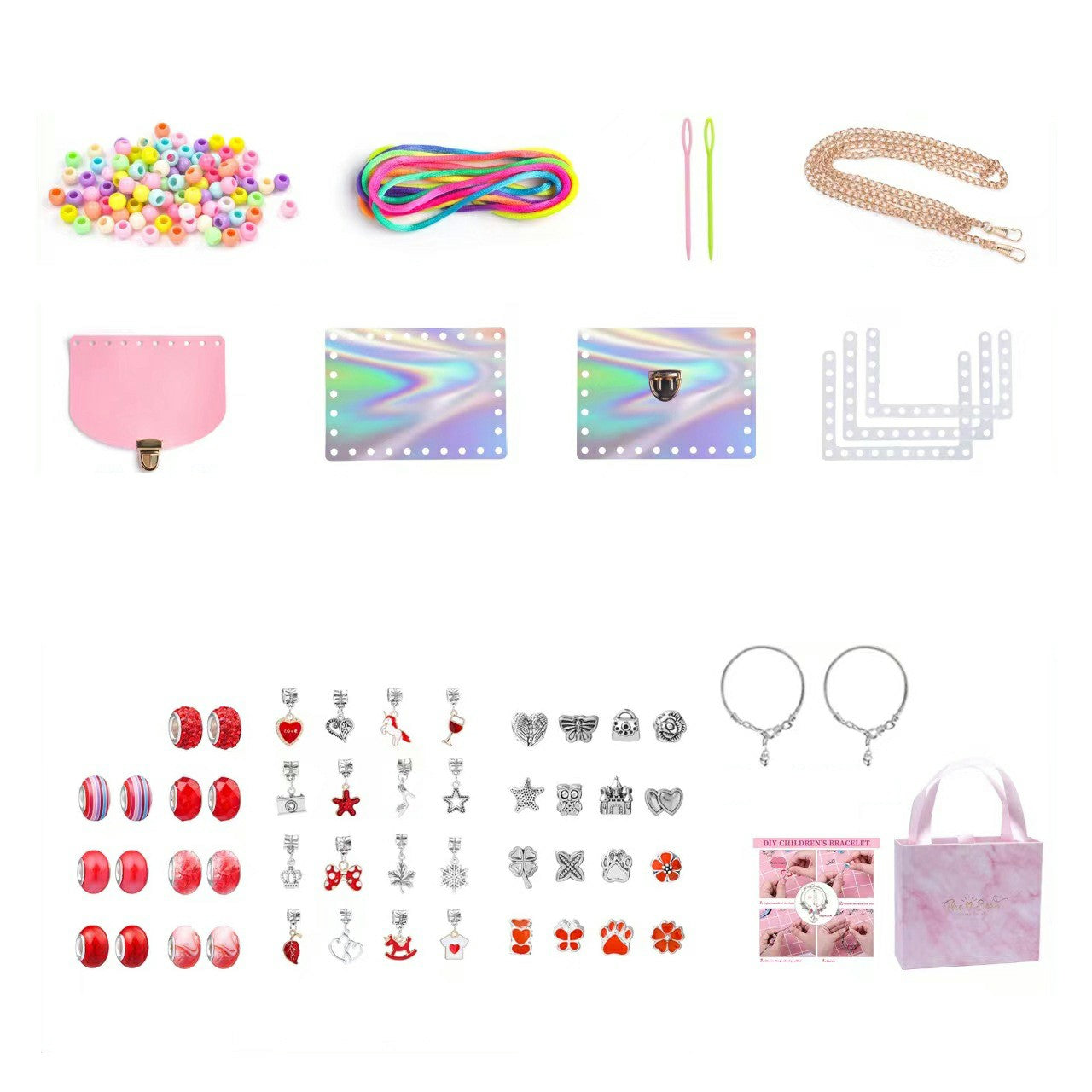151Pcs Kids Bracelet Bag Making Kit Girls DIY Bracelet Pendants Beads Set with Gift Box - Red