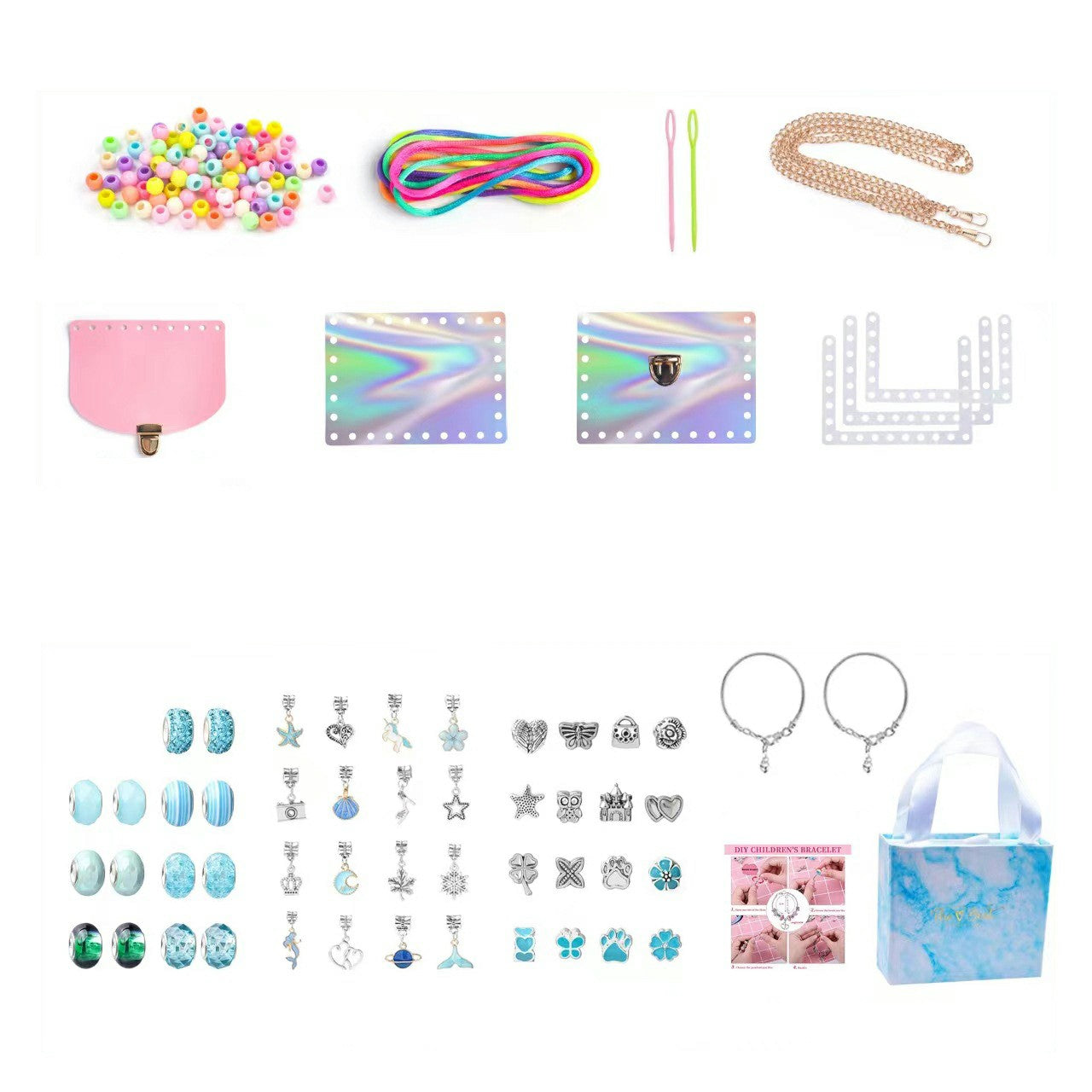 151Pcs Kids Bracelet Bag Making Kit Girls DIY Bracelet Pendants Beads Set with Gift Box - Blue
