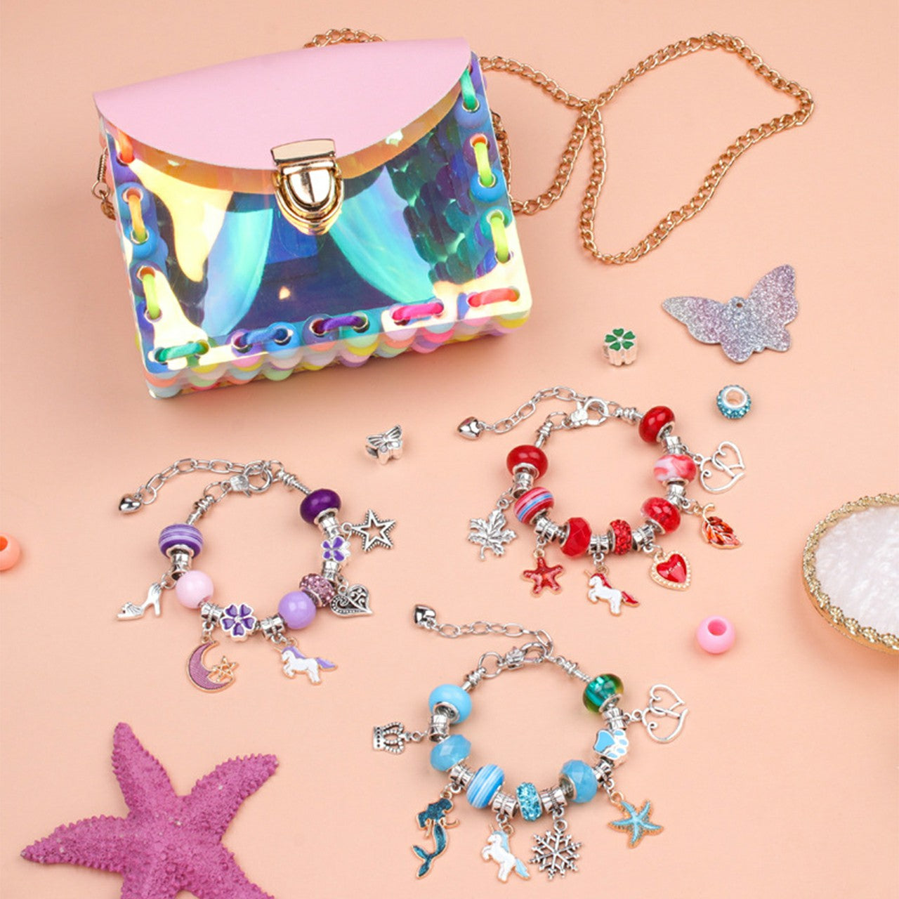 151Pcs Kids Bracelet Bag Making Kit Girls DIY Bracelet Pendants Beads Set with Gift Box - Blue