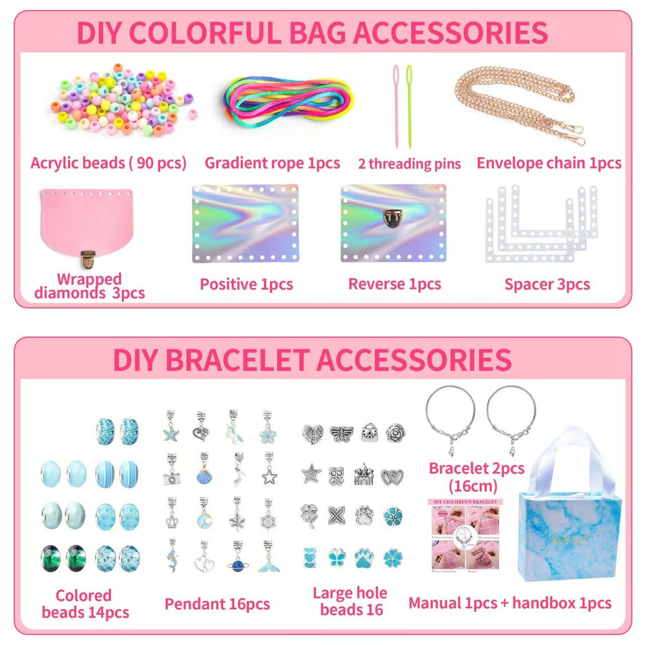 151Pcs Kids Bracelet Bag Making Kit Girls DIY Bracelet Pendants Beads Set with Gift Box - Blue