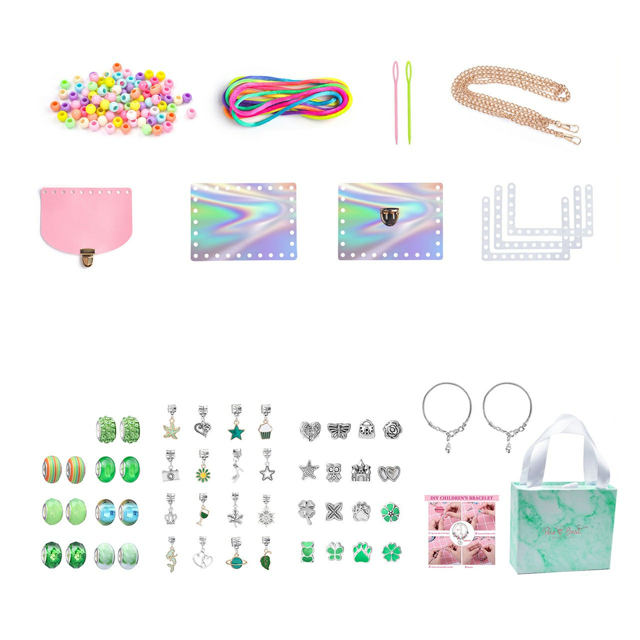 151Pcs Kids Bracelet Bag Making Kit Girls DIY Bracelet Pendants Beads Set with Gift Box - Green