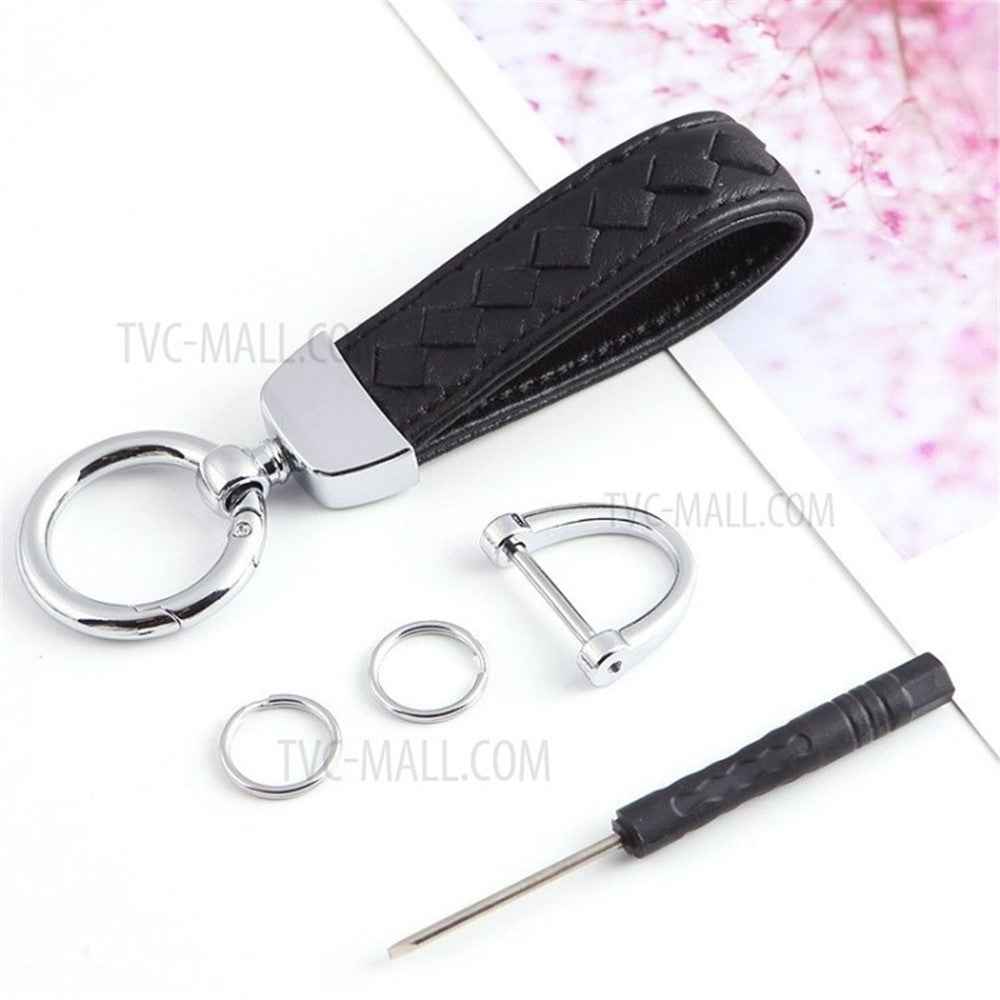 Key Chain Woven Lambskin Genuine Leather Keychain Detachable Car Key Ring - Black Strap/Silver Ring