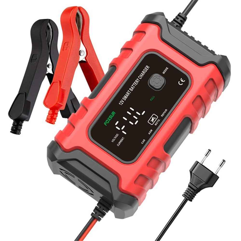 FOXSUR 12V 6A Car Battery Charger Automatic Smart Battery Maintainer with LCD Display Pulse Repair Charger for Car, Motorcycle - Red / EU Plug
