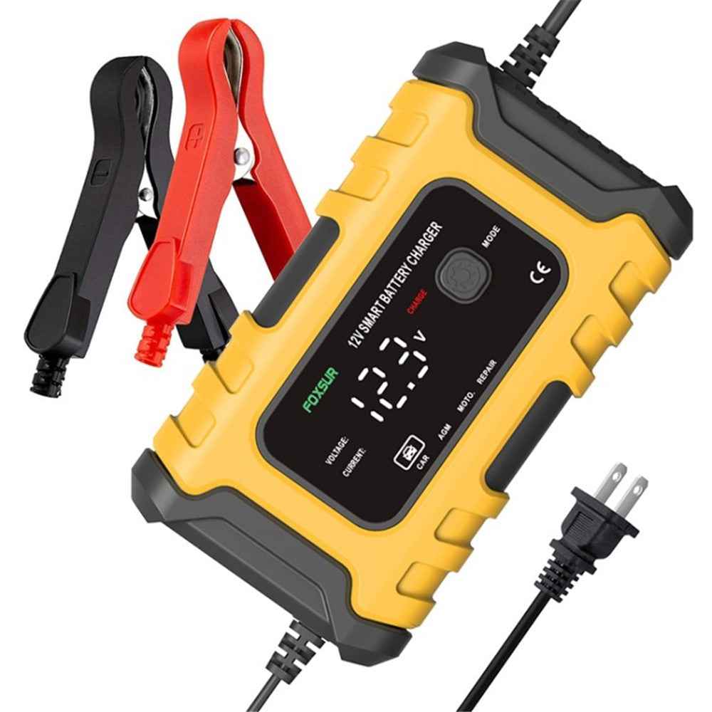 FOXSUR 12V 6A Car Battery Charger Automatic Smart Battery Maintainer with LCD Display Pulse Repair Charger for Car, Motorcycle - Yellow / US Plug