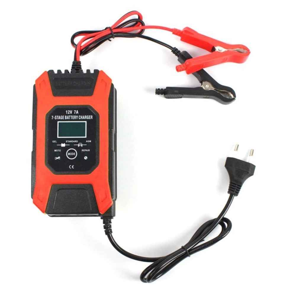 FOXSUR 12V 7A 7-Stage Battery Charger Automobile Pulse Repair Lead-Acid Battery Charger Maintainer for Car, Motorcycle - Red / EU Plug