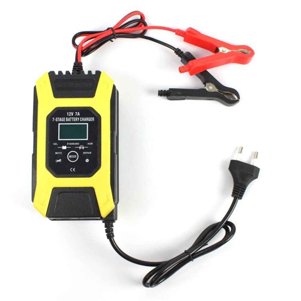 FOXSUR 12V 7A 7-Stage Battery Charger Automobile Pulse Repair Lead-Acid Battery Charger Maintainer for Car, Motorcycle - Yellow / EU Plug