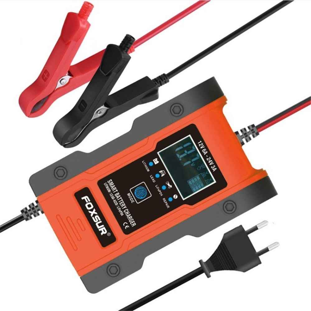 FOXSUR 12V 24V 6A 7-Stage Car Battery Charger Battery Pulse Repair Charger for GEL WET AGM 12.6V LiFePO4 LiPo - Red / EU Plug