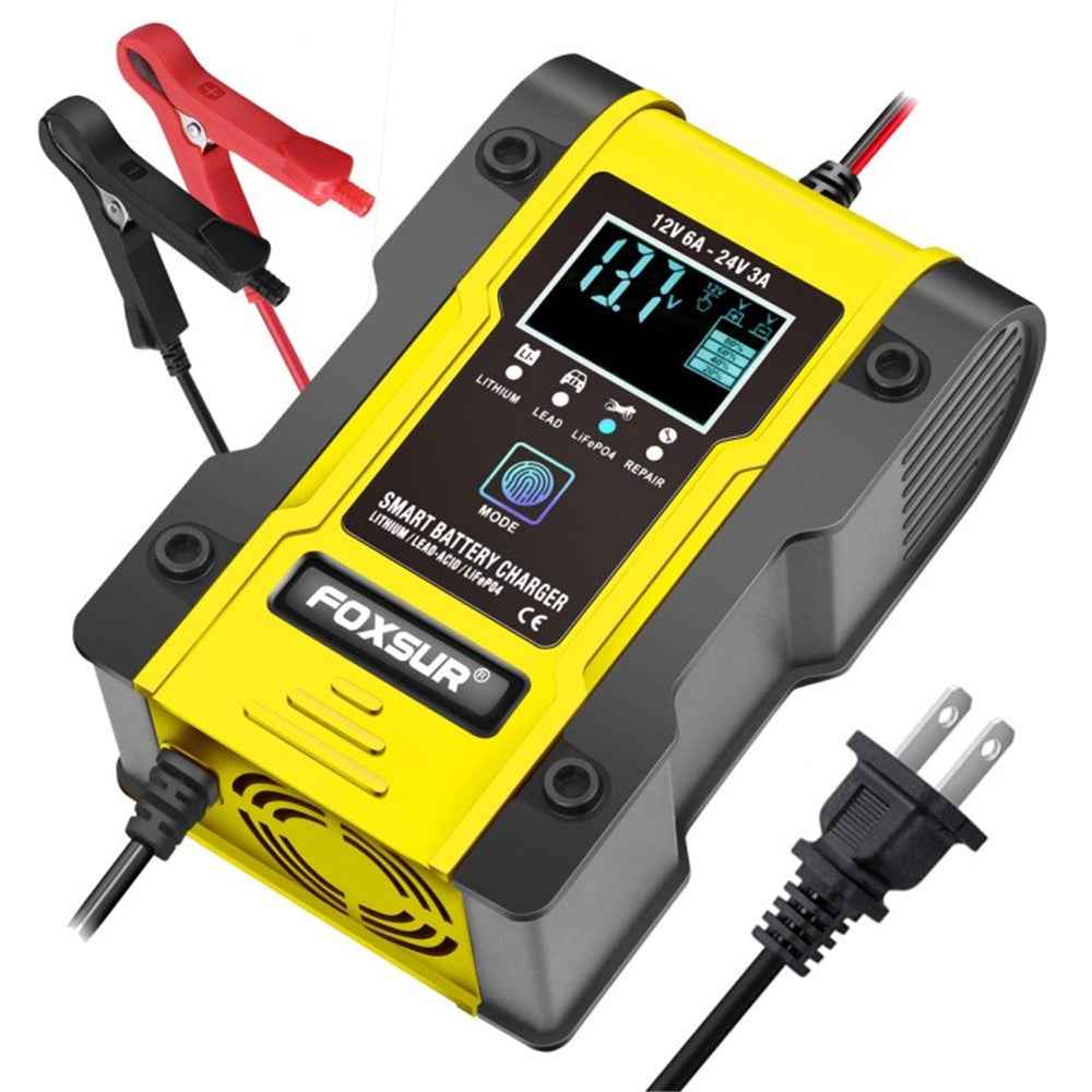 FOXSUR 12V 24V 6A 7-Stage Car Battery Charger Battery Pulse Repair Charger for GEL WET AGM 12.6V LiFePO4 LiPo - Yellow / US Plug