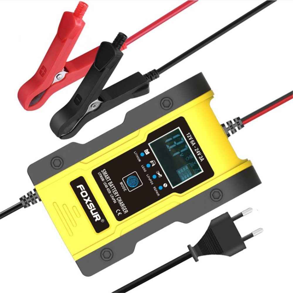 FOXSUR 12V 24V 6A 7-Stage Car Battery Charger Battery Pulse Repair Charger for GEL WET AGM 12.6V LiFePO4 LiPo - Yellow / EU Plug