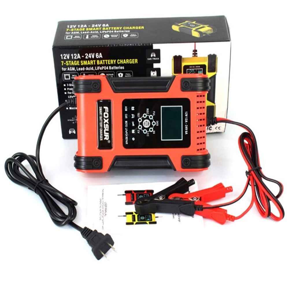 FOXSUR 12V 24V 12A Car Battery Charger 7-Stage Smart Lead-Acid Battery Charger Pulse Repair Maintainer - Red / US Plug