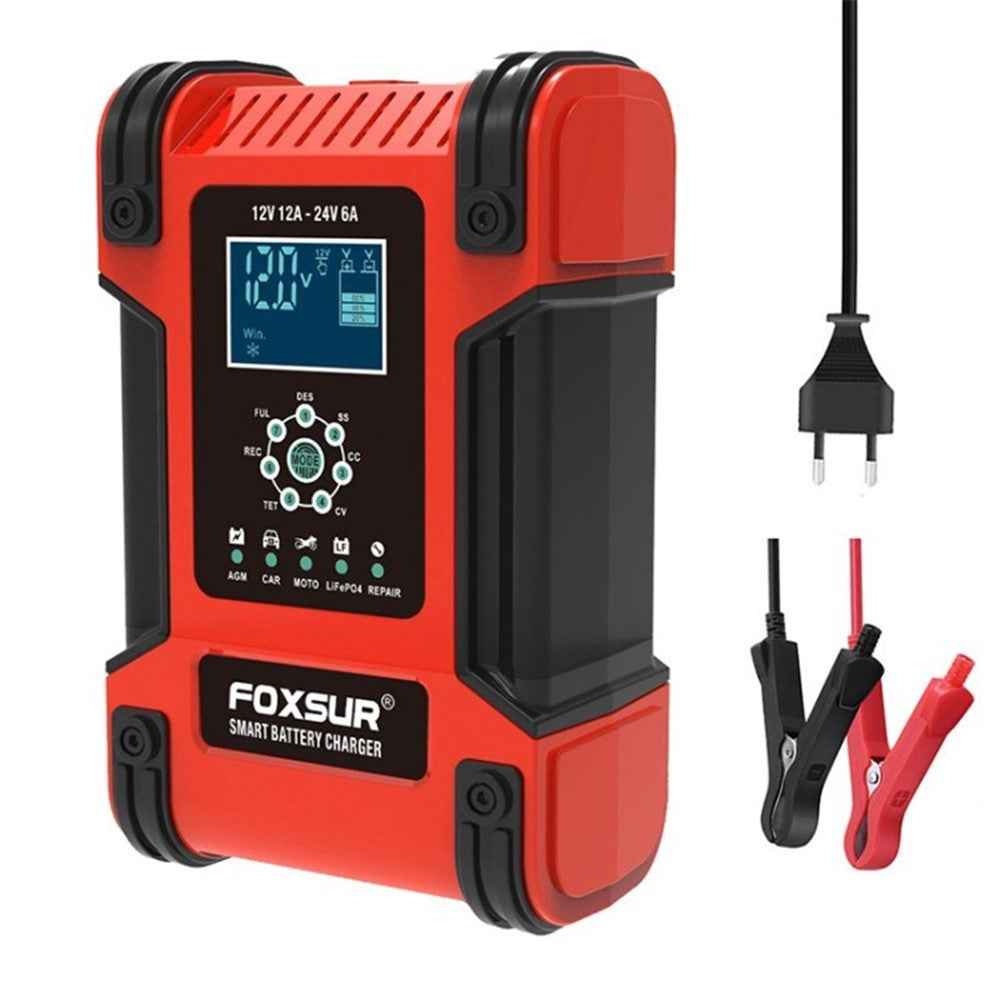 FOXSUR 12V 24V 12A Car Battery Charger 7-Stage Smart Lead-Acid Battery Charger Pulse Repair Maintainer - Red / EU Plug